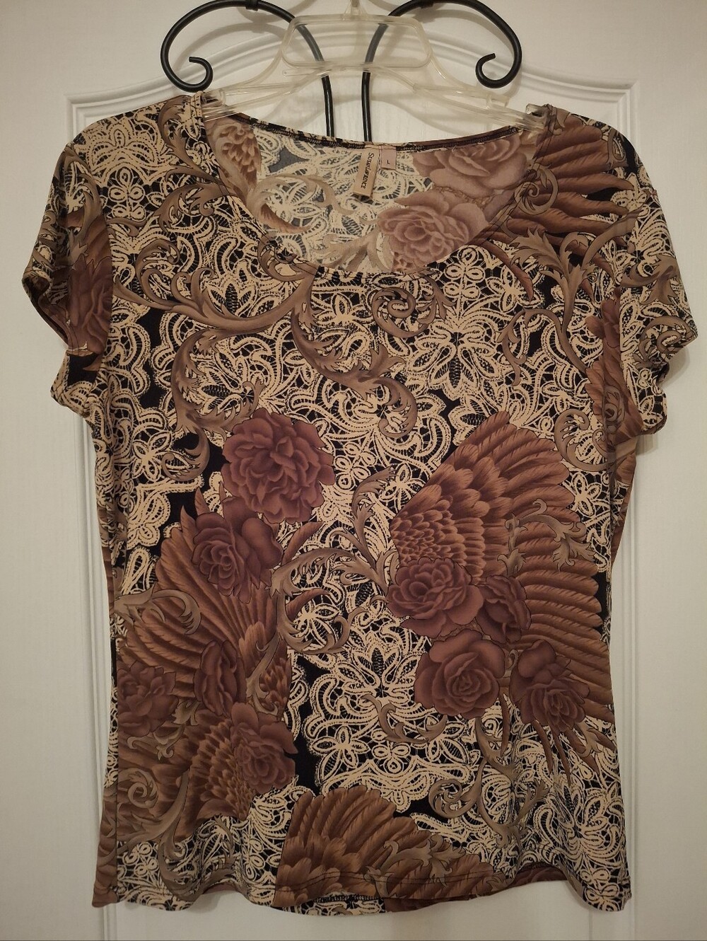Vintage Susan Lawrence Brown Floral Lace-Print Short Sleeve Top